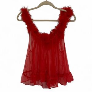 Vintage Inspired Red Feather Trim Semi Sheer Lingerie Tank Top